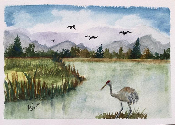 570x407 Crane On The Lakeird Watercolorcrane Bird5 X 7 - Watercolor Nature Scene