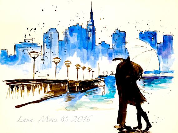 570x427 Watercolor New York For Two Love Kiss Travel Original Etsy - Watercolor New York