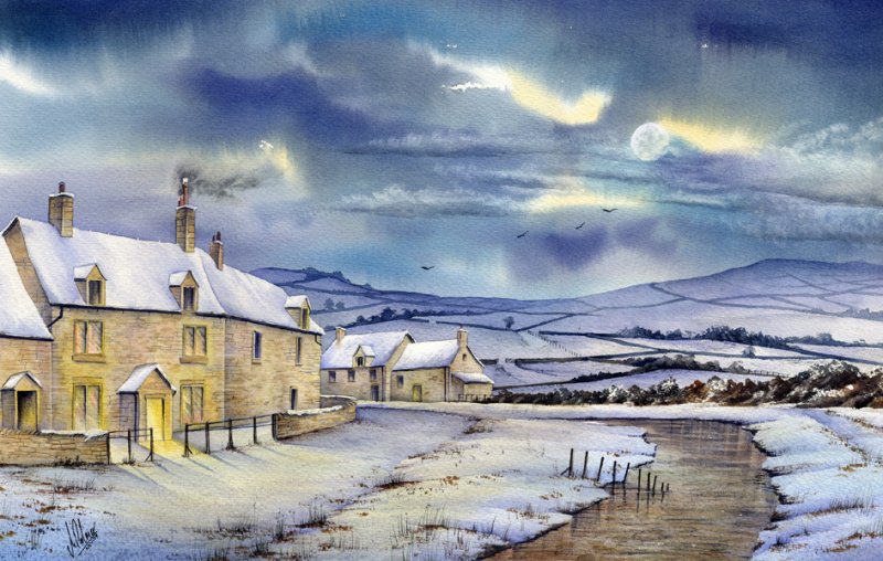 800x508 Moonlight Night Scene Watercolour Painting Canvas Art - Watercolor Night Scenes