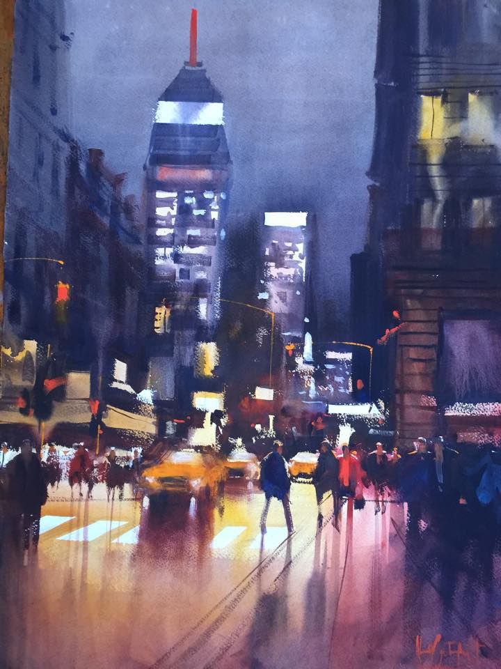 720x960 Alvaro Castagnet Nyc 5th Ave, Night Scene!!!, Watercolor - Watercolor Night Scenes