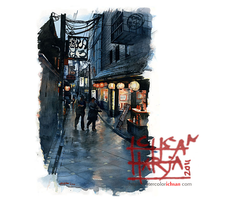 800x669 Streetscape Ichsan Harja Watercolor Painting - Watercolor Night Scenes