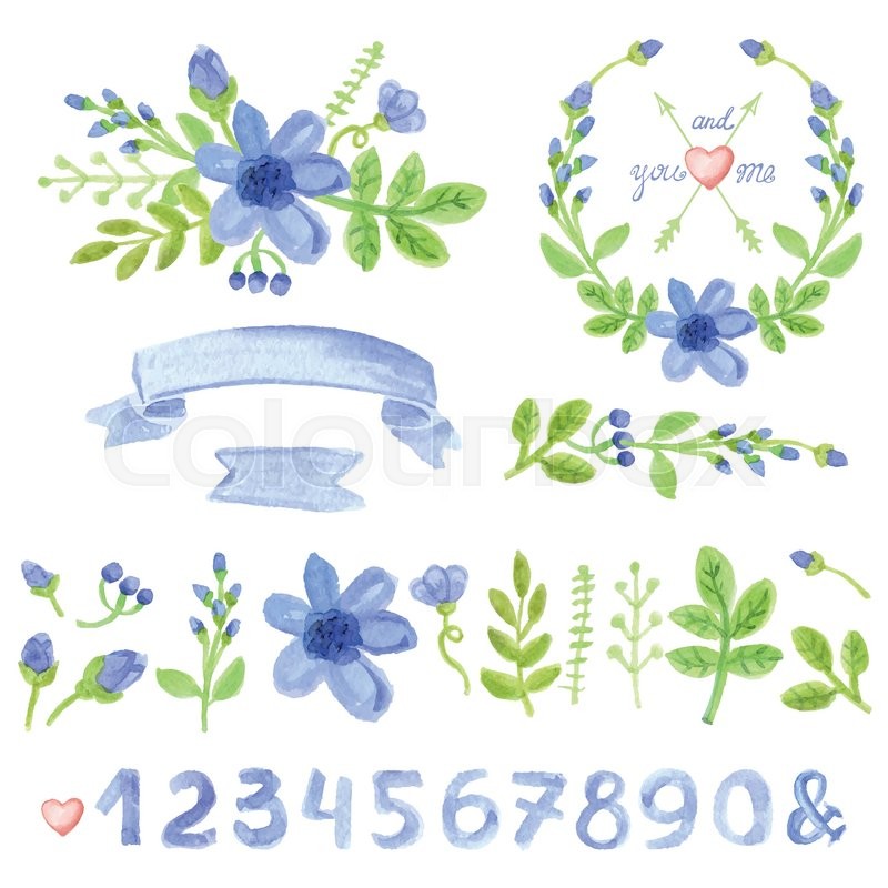 800x800 Watercolor Blue Daisy Flowers,green Branches,leaves ,wreaths And - Watercolor Numbers