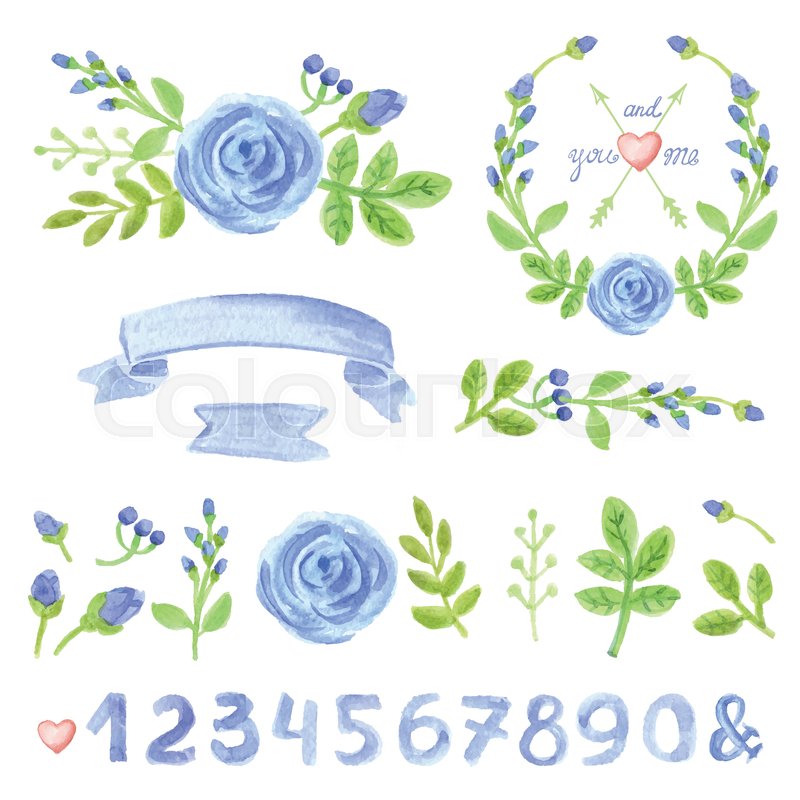 800x800 Watercolor Blue Flowers,green Branches,leaves ,wreaths And Laurels - Watercolor Numbers