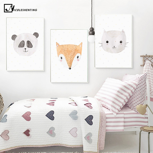 640x640 Watercolor Kawaii Animal Rabbit Cat Fox Poster Prints Wall Art - Watercolor Nursery