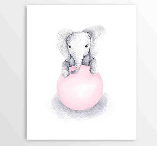 538x500 Baby Elephant Nursery, Kids Watercolor Room Art, Girls - Watercolor Nursery