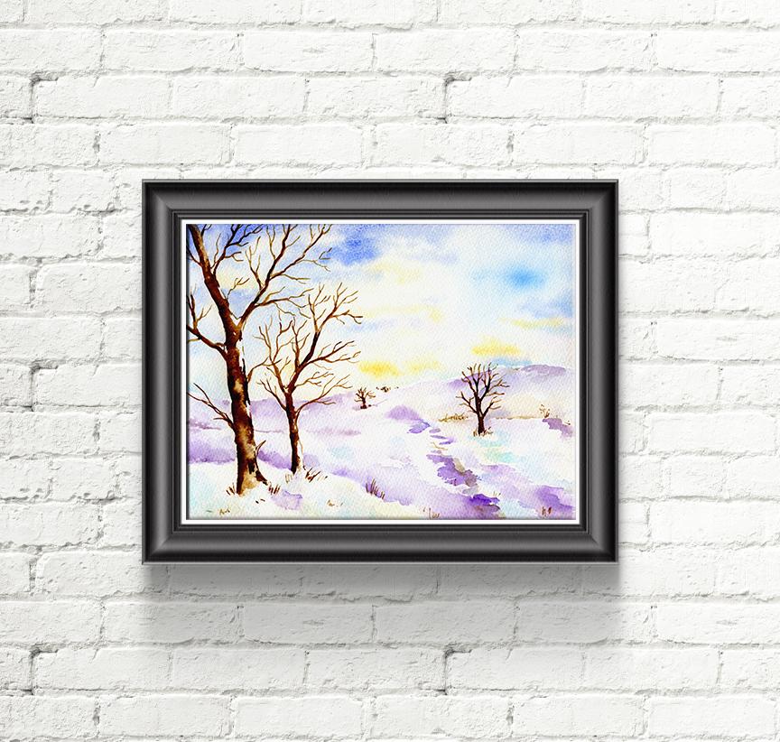 864x822 Watercolor Landscape Painting Oak Tree And Snow Mountain Art Print - Watercolor Oak Tree