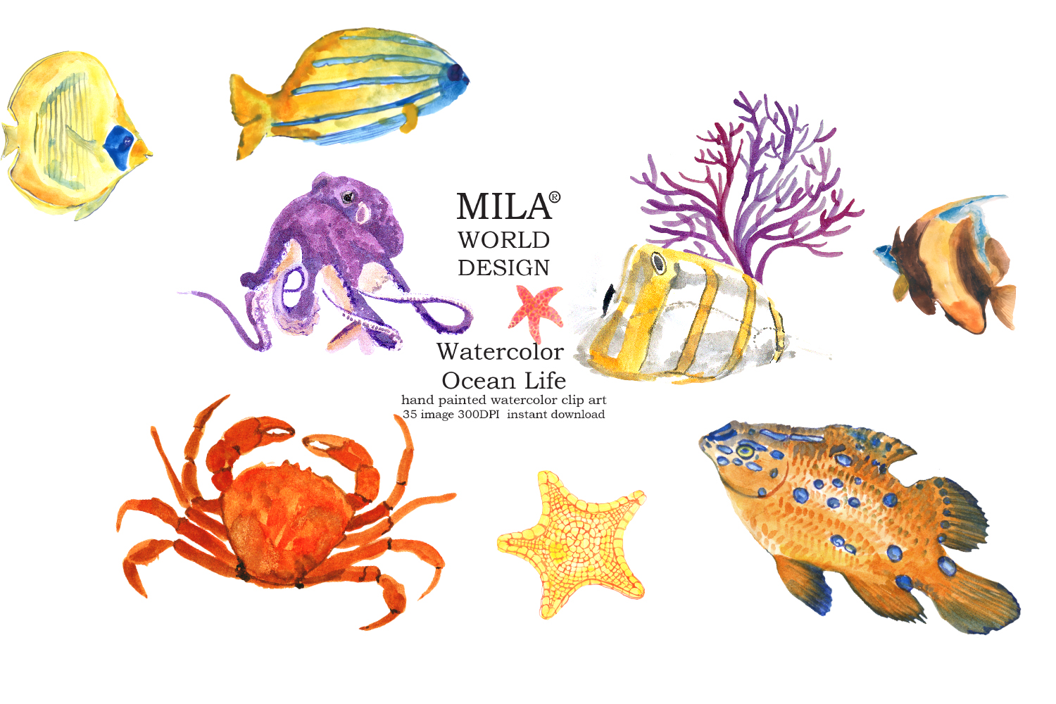 1500x1000 Watercolor Ocean Life Clipart - Watercolor Ocean Life