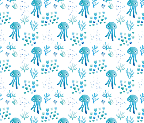 470x402 Watercolor Under Water Ocean Life Jelly Fish And Coral Squid Blue - Watercolor Ocean Life