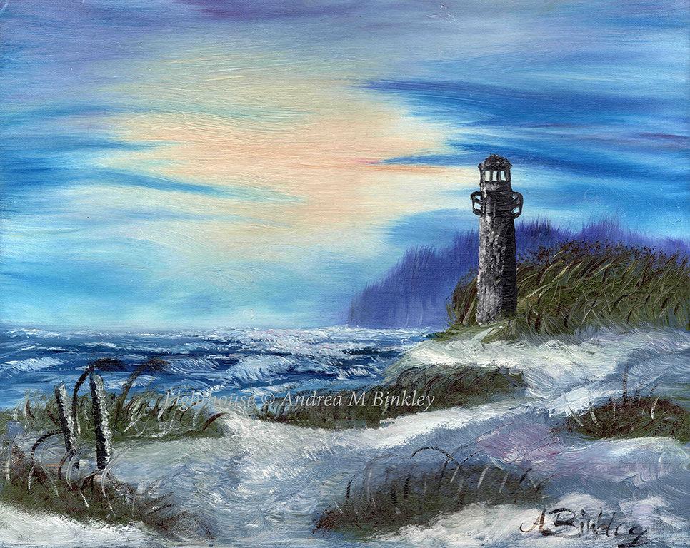 966x768 Seascape With Lighthouse, Ocean, Sunset, Fine Art Print - Watercolor Ocean Sunset