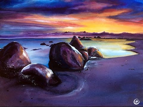 480x360 Watercolor Sunset Beach Painting Video Tutorial - Watercolor Ocean Sunset