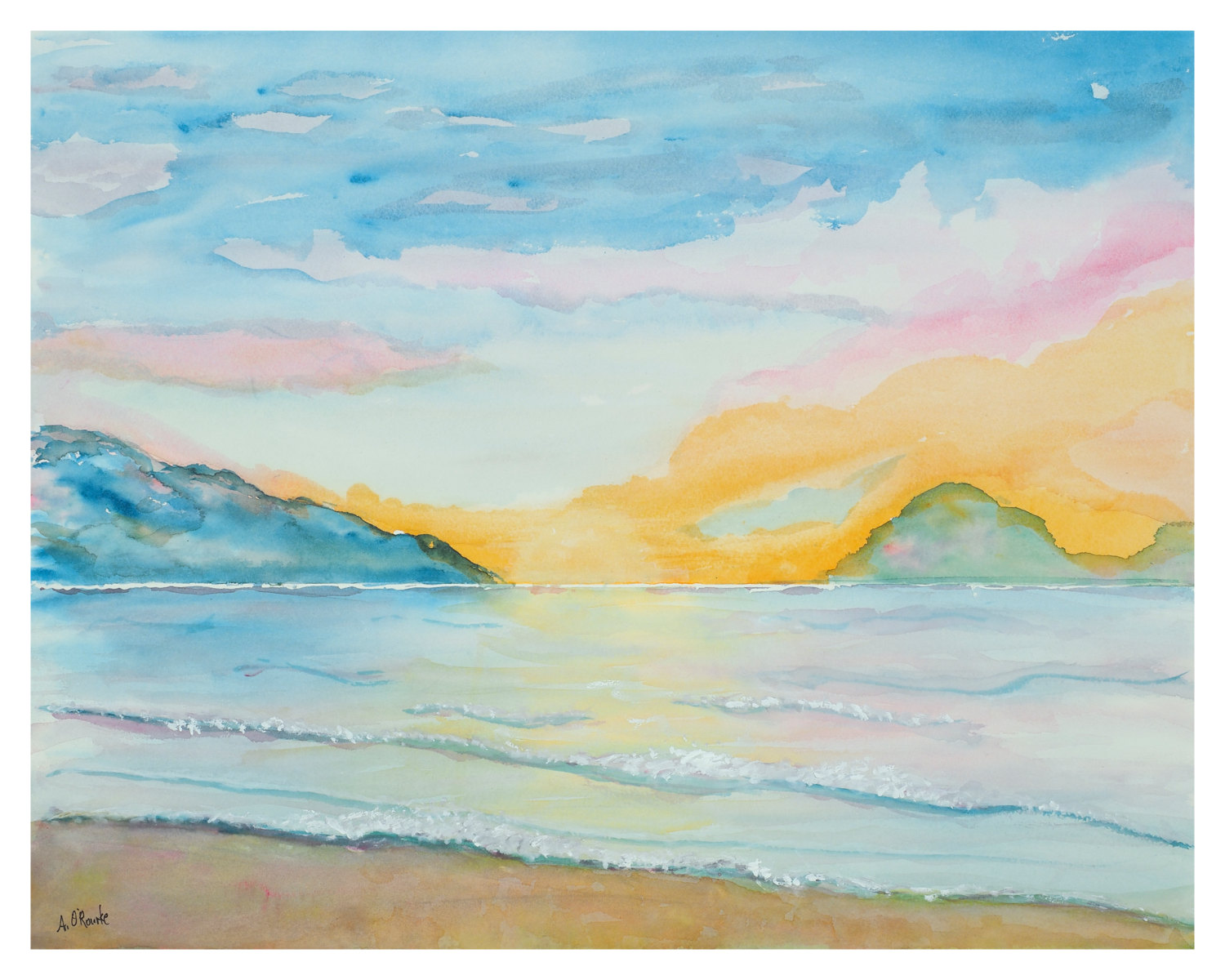 1500x1200 Watercolor Prints Ocean Sunset 8x10 Matted In A Blue 11 X 14 Mat - Watercolor Ocean Sunset