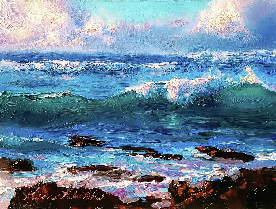 900x681 Coastal Ocean Sunset At Turtle Bay, Oahu Hawaii Beach Seascape - Watercolor Ocean Sunset