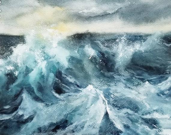 570x450 Original Angry Ocean Waves Paintingoriginal Watercolor Etsy - Watercolor Ocean Waves