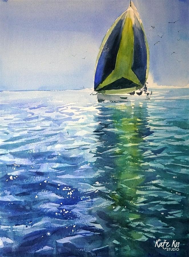 663x900 Waves Painting Green Spinnaker Watercolor Ocean Wave Easy - Watercolor Ocean Waves