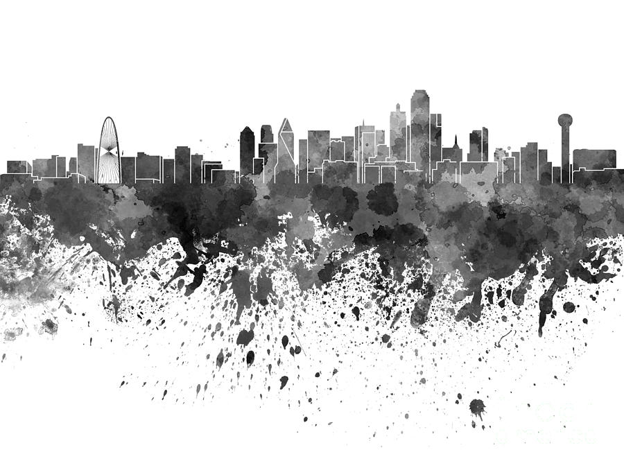 900x675 Dallas Skyline In Black Watercolor On White Background Painting By - Watercolor On Black Background