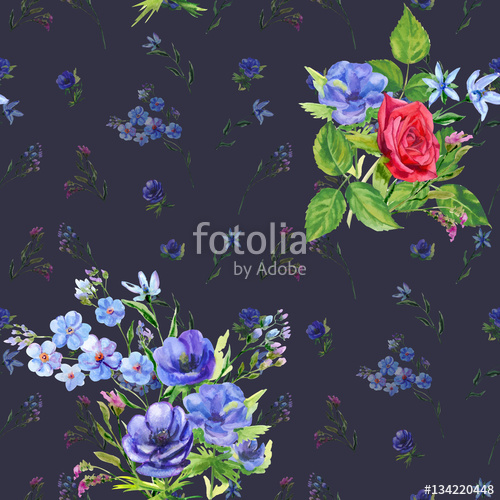 500x500 Floral Square Seamless Pattern With Blue Flowers And Red Rose - Watercolor On Black Background