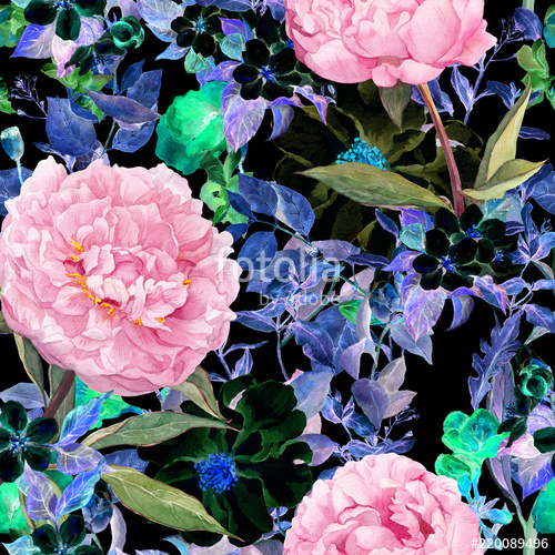 500x500 Flowers, Leaves, Grass. Vintage Repeating Floral Pattern On Black - Watercolor On Black Background