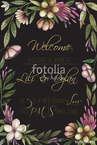334x500 Invitation Card. Watercolor Vintage Flowers On Black Background - Watercolor On Black Background