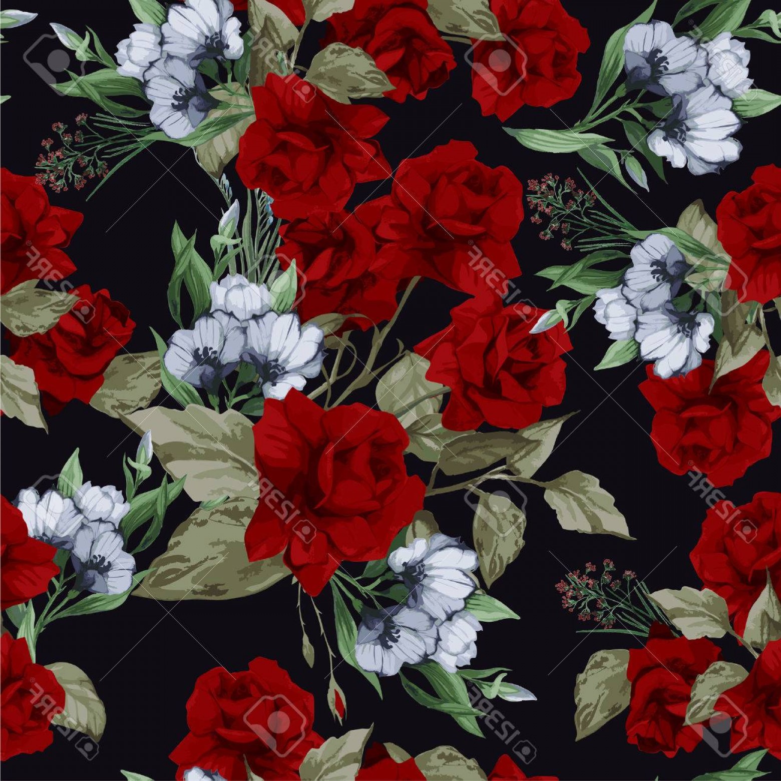 1560x1560 Photostock Vector Seamless Floral Pattern With Of Red Roses On - Watercolor On Black Background