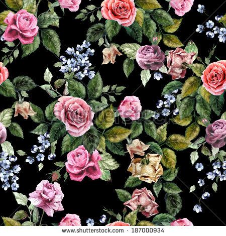 450x470 Seamless Floral Pattern With Of Red, Purple And Pink Roses On - Watercolor On Black Background
