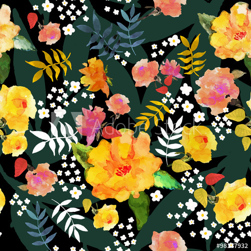 500x500 Seamless Floral Pattern With Yellow Roses Drawn Watercolor On - Watercolor On Black Background