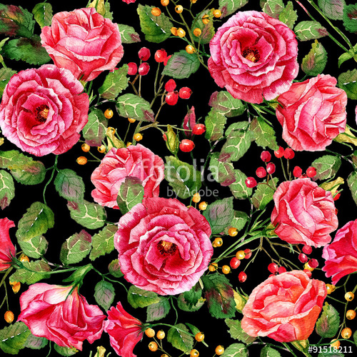 500x500 Seamless Pattern Of Watercolor Red Roses On Black Background - Watercolor On Black Background