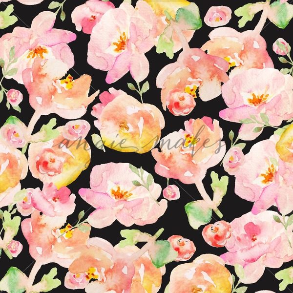 600x600 Watercolor Flowers On Black Background. Modern Floral Background - Watercolor On Black Background