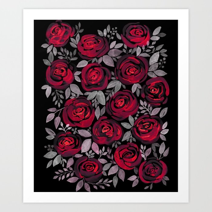 700x700 Watercolor Red Roses On Black Background Art Print By Fuzzyfox85 - Watercolor On Black Background