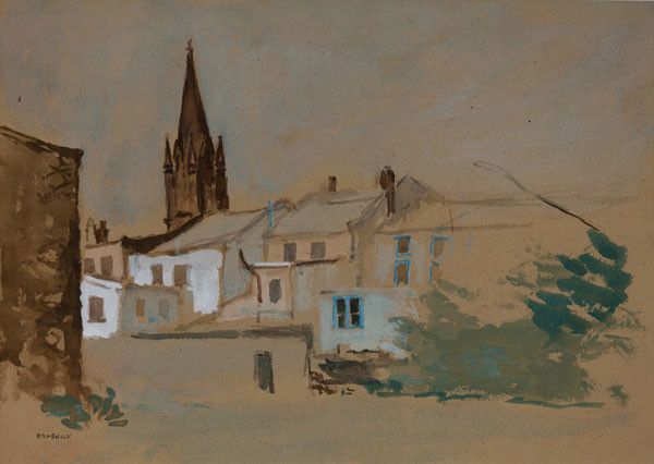 600x426 Seymour Remenick [Buildings With Church Spire] (Undated - Watercolor On Brown Paper