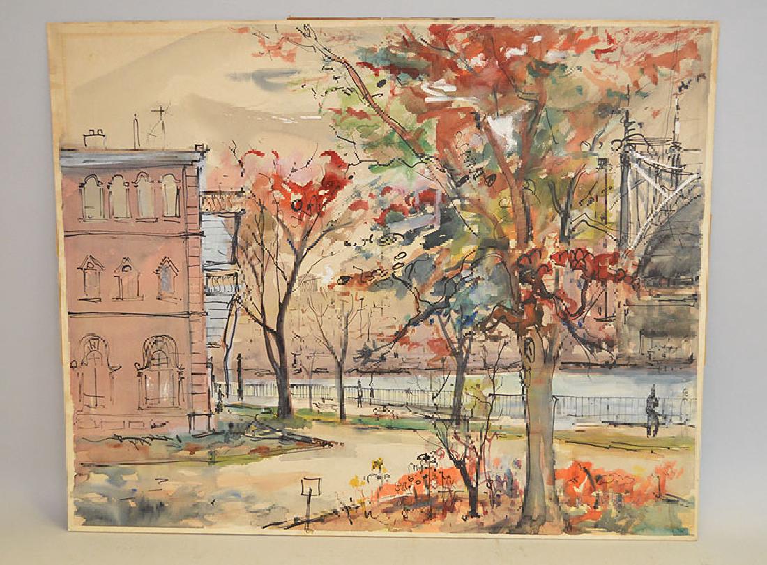 1100x810 Nyc Park Scene, Watercolor On Cardboard, Signed - Watercolor On Cardboard