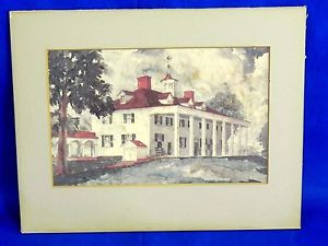 300x225 Vintage Watercolor Print On Cardboard George Washington Home Mount - Watercolor On Cardboard