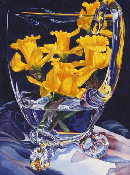 430x576 Soon Y. Warren Daffodils In The Glass Image Size 30 X 22 - Watercolor On Glass