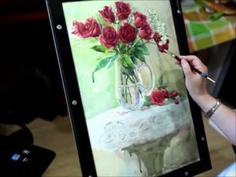 480x360 Watercolor Lesson How To Paint Rose And Glass By Mingming Bowerson - Watercolor On Glass