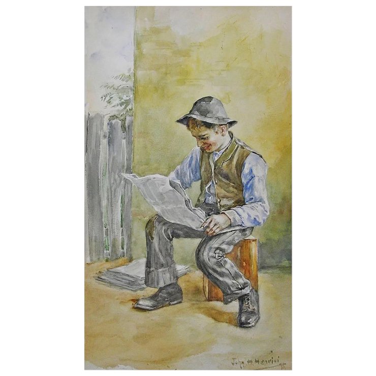 740x740 Original Antique Americana Watercolor Painting Newspaper Boy - Watercolor On Newspaper