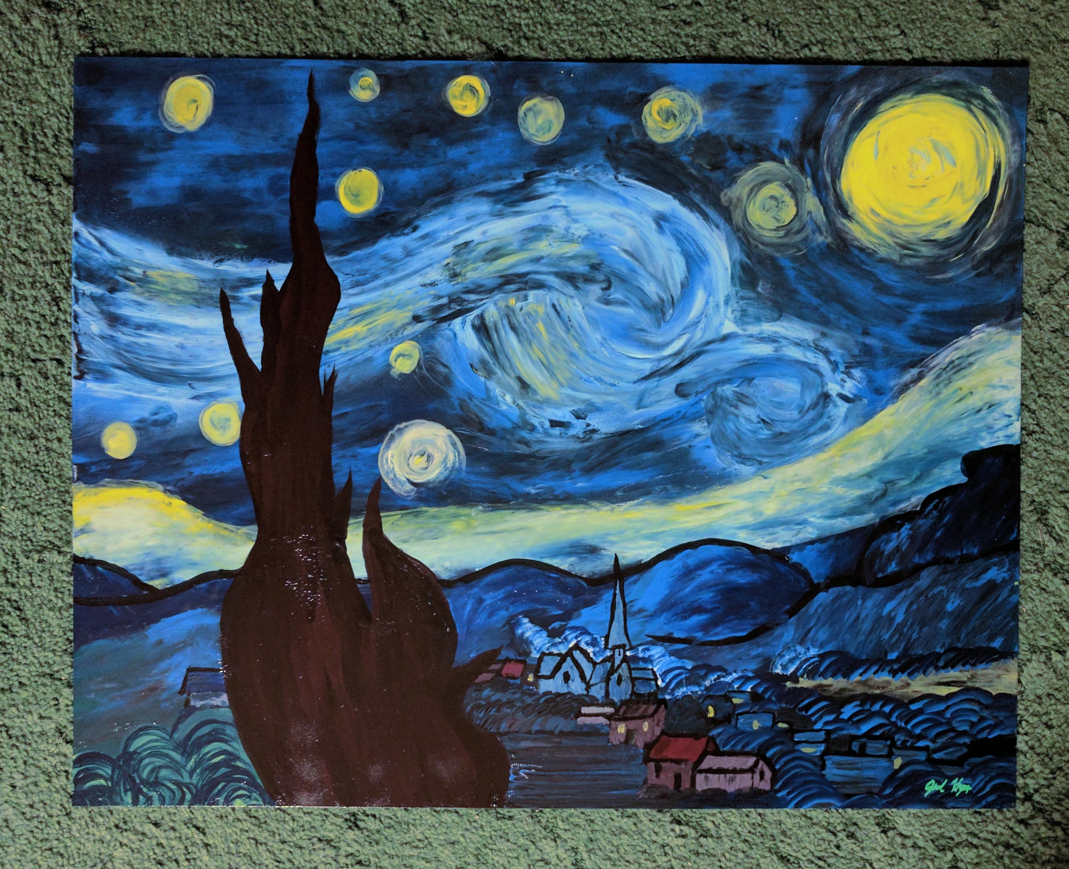 3460x2814 Starry Night, Spray Paint On Poster Board, 22x28 Art - Watercolor On Poster Board