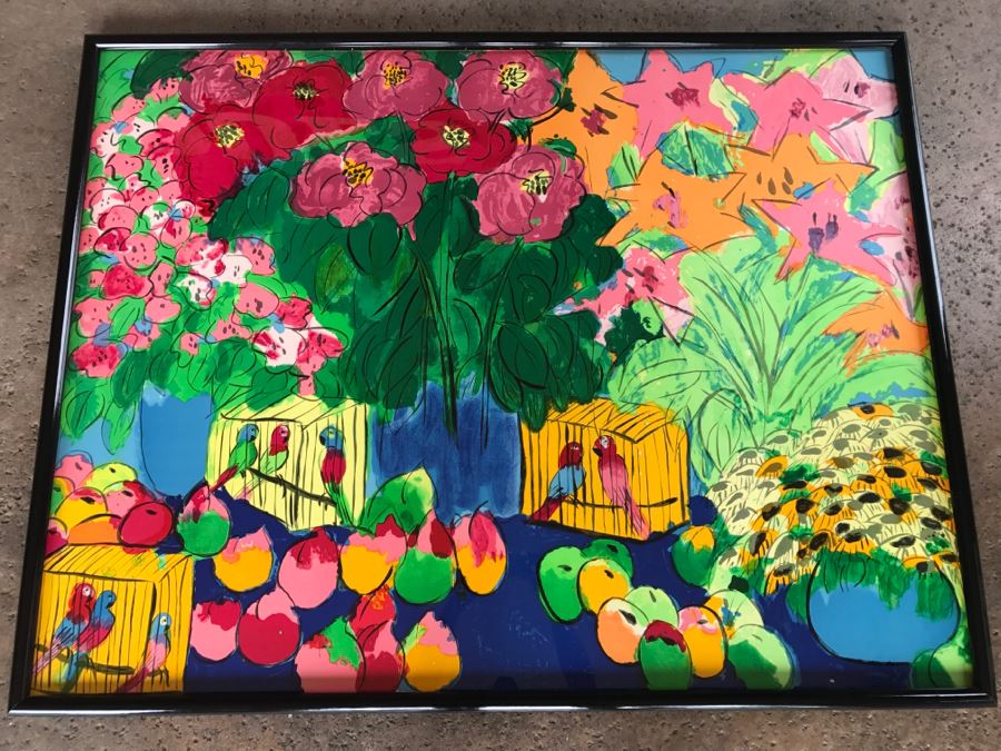 900x675 Walasse Ting Print Framed Flowers And Parrots - Watercolor On Poster Board