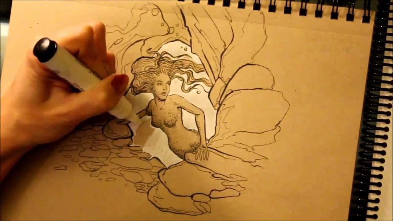 1280x720 White And Black Ink Drawing On Toned Paper - Watercolor On Toned Paper