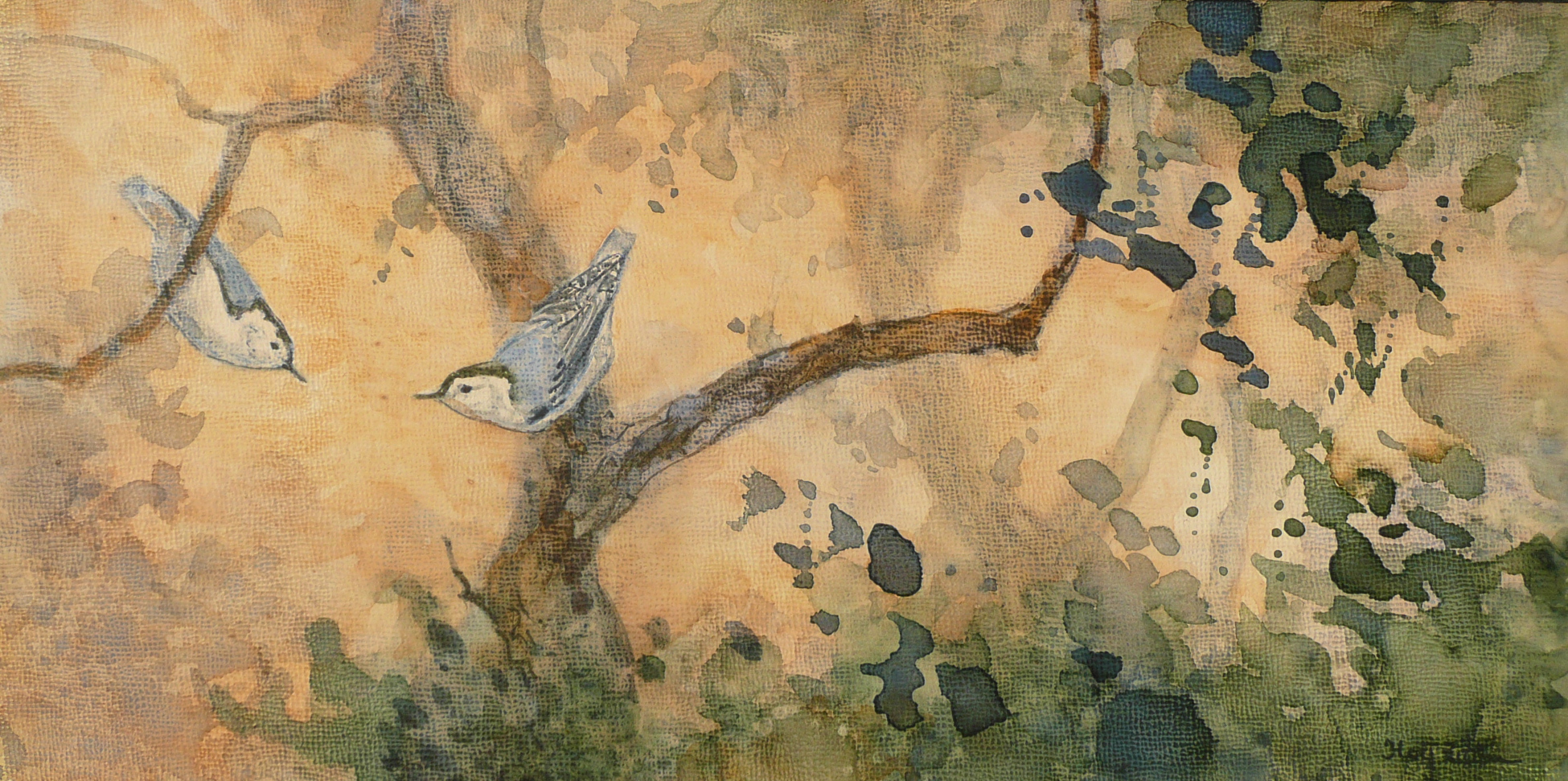 1950x971 White Breasted Nuthatches Floy Zittin Watercolors - Watercolor On Wood