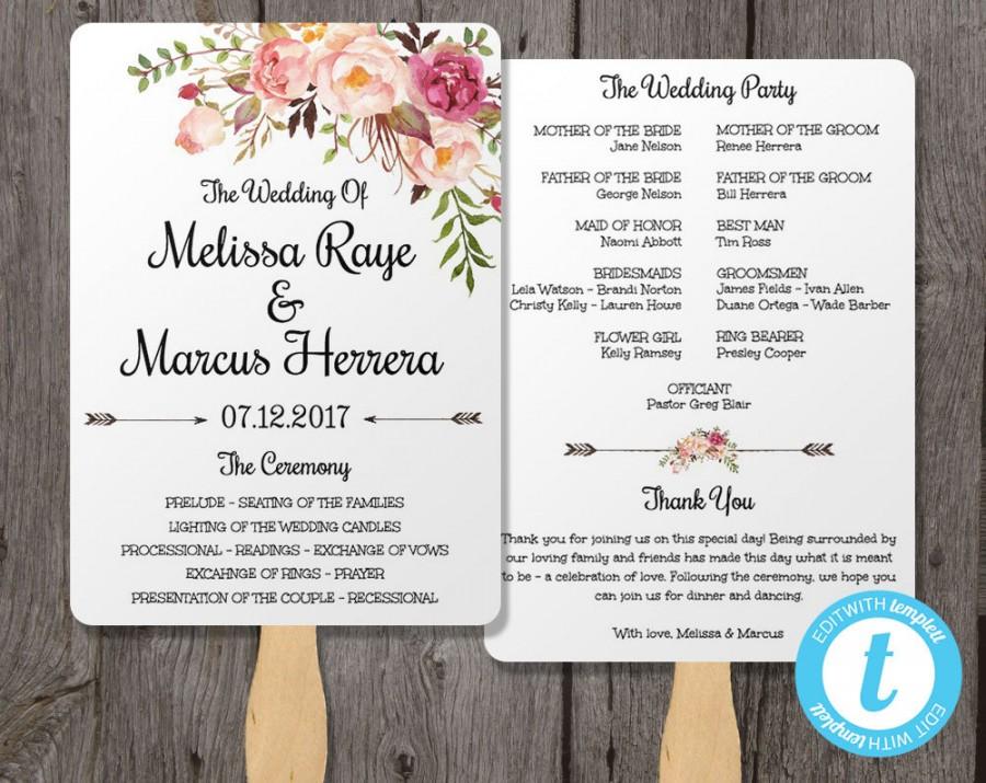 900x715 Wedding Program Fan Template, Bohemian Floral, Instant Download - Watercolor Online App