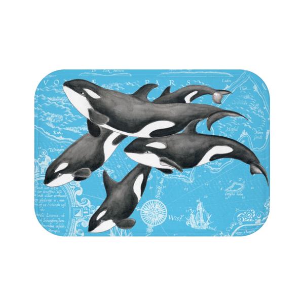 600x600 Orca Killer Whale Pod Vintage Map Blue Chic Watercolor Bath Mat - Watercolor Orca