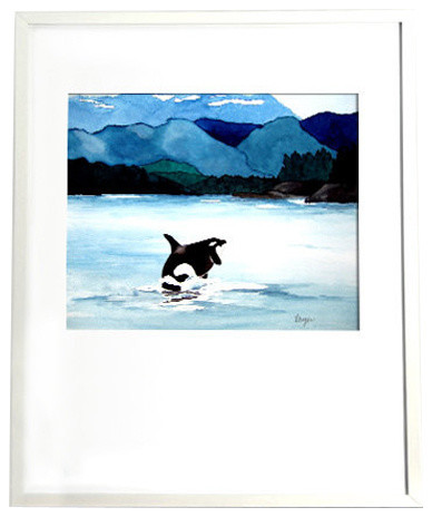 388x464 Watercolor Orca Print, Killer Whale Wildlife Seascape - Watercolor Orca