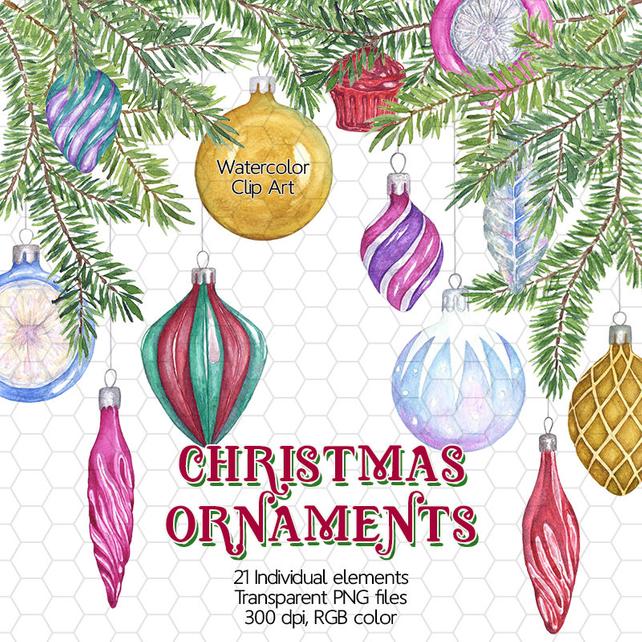 642x642 Watercolor Christmas Ornaments Clip Art Christmas Balls Etsy - Watercolor Ornaments