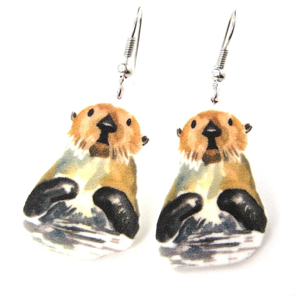 1024x1024 Large Sea Otter Beaver Watercolor Animal Dangle Earrings - Watercolor Otter