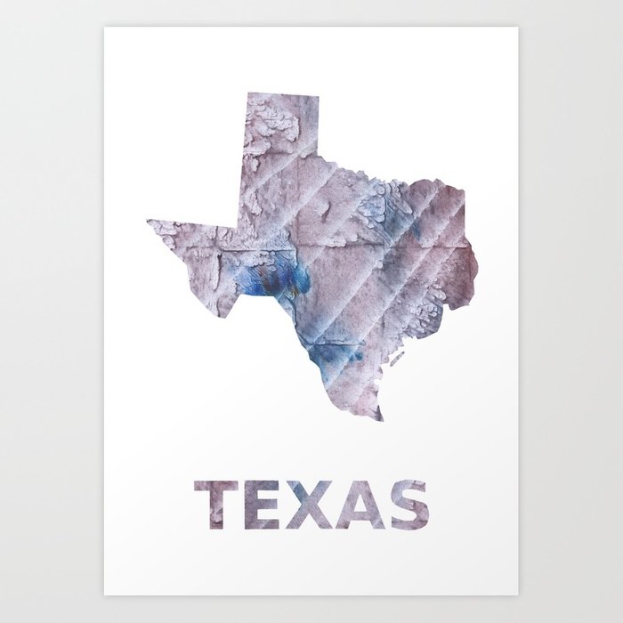 700x700 Texas Map Outline Dark Gray Stained Watercolor Pattern Art Print - Watercolor Outline