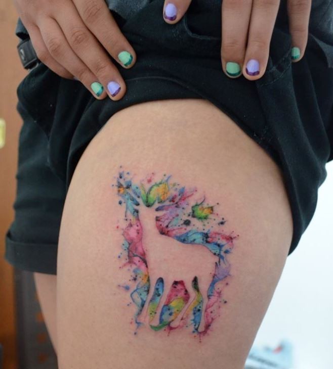 658x730 Watercolor Outline Deer Tattoo On Girl Thigh By Javi Wolf - Watercolor Outline