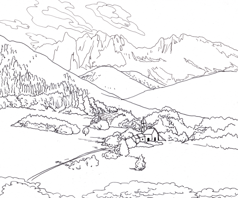 800x666 Make Digital Landscape Illustration For You Landscape Scene - Watercolor Outline Drawings