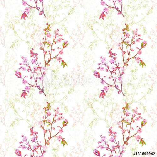 500x500 Watercolor Floral Seamless Pattern With Spring Blossom, Branch - Watercolor Outline Drawings
