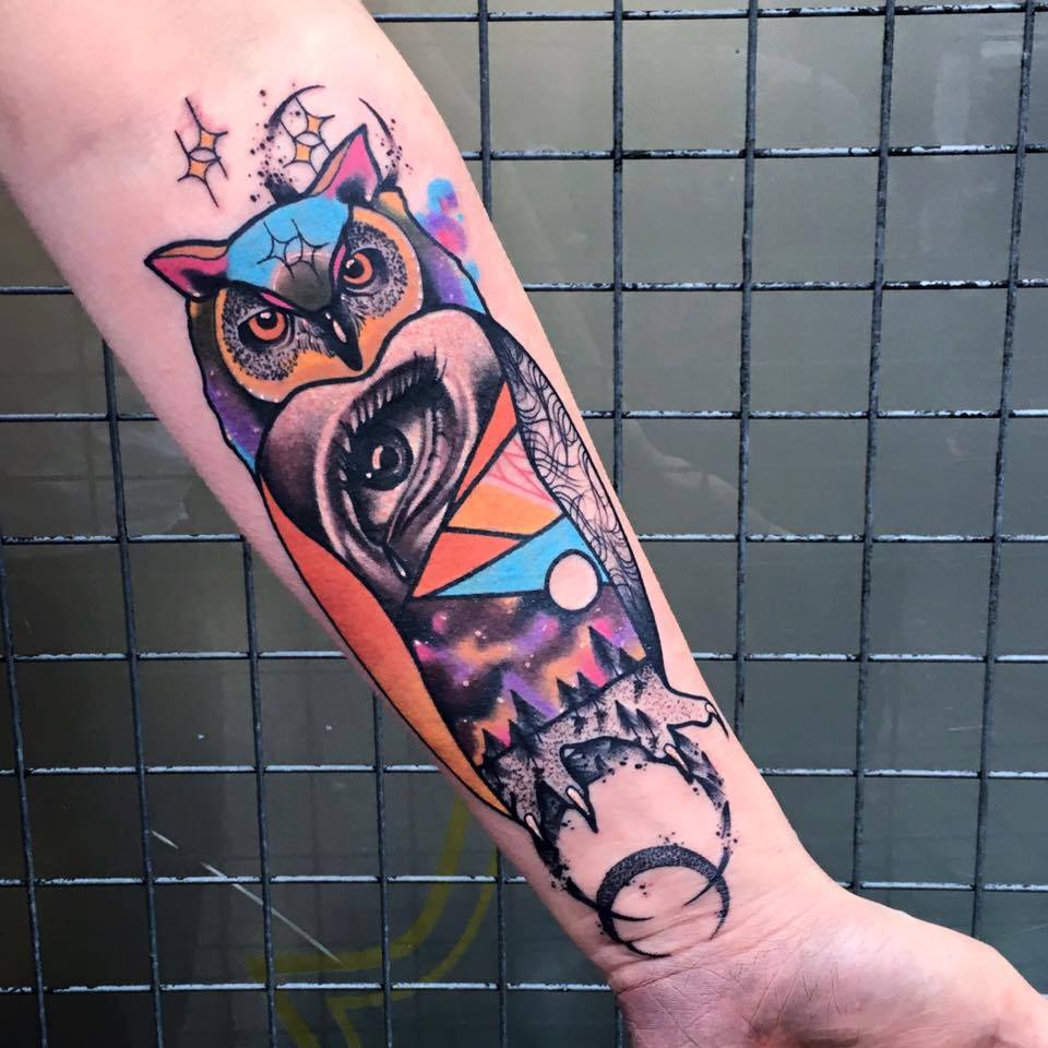960x960 Watercolor Owl Tattoo On Left Forearm - Watercolor Owl Tattoo