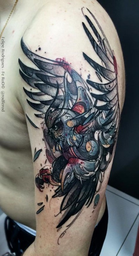 467x860 20 Owl Tattoos - Watercolor Owl Tattoo