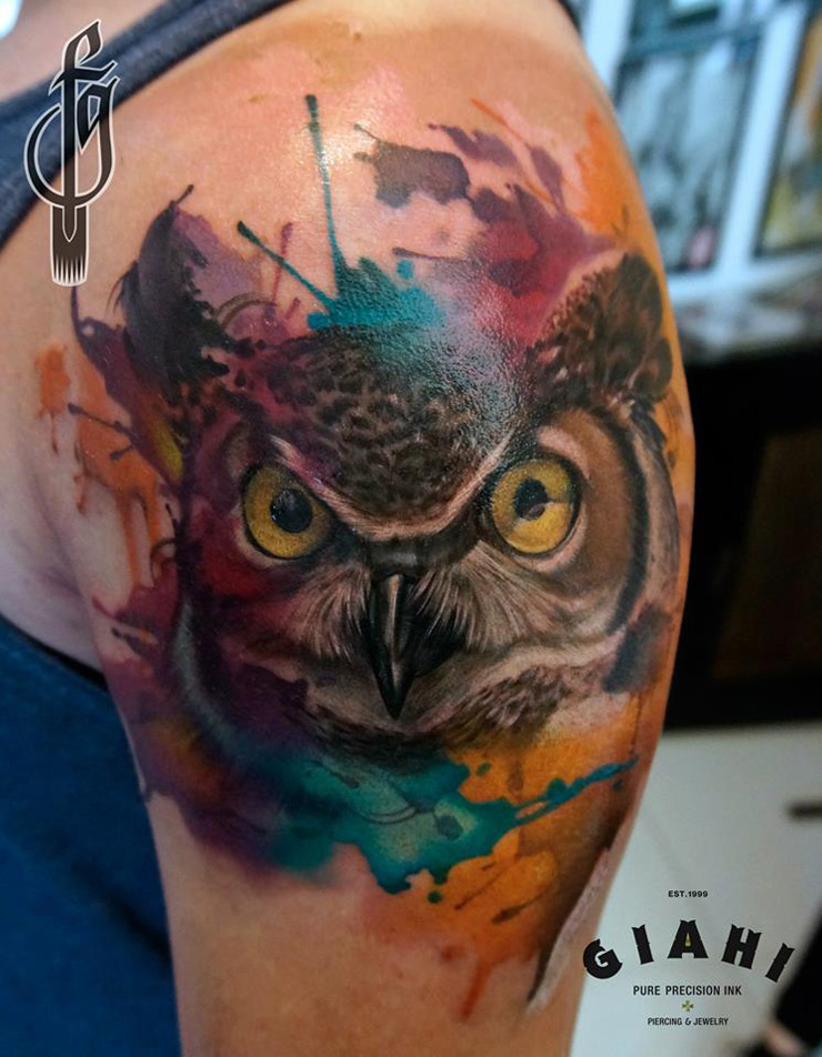 740x952 Wide Eyed Owl Watercolor On Guys Arm Best Tattoo Design Ideas - Watercolor Owl Tattoo